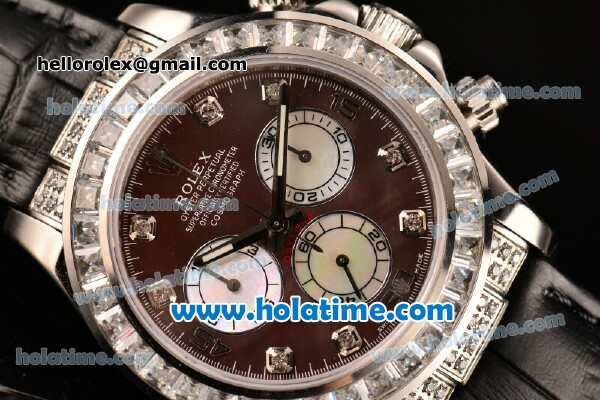 Rolex Daytona Chrono Swiss Valjoux 7750 Automatic Steel Case with Diamond Bezel Black Leather Strap and Brown MOP Dial - Click Image to Close